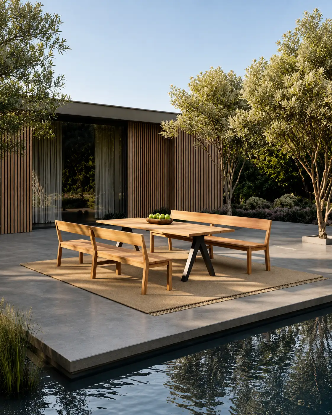 Teakhouten eettafel met banken op een terras aan het water
